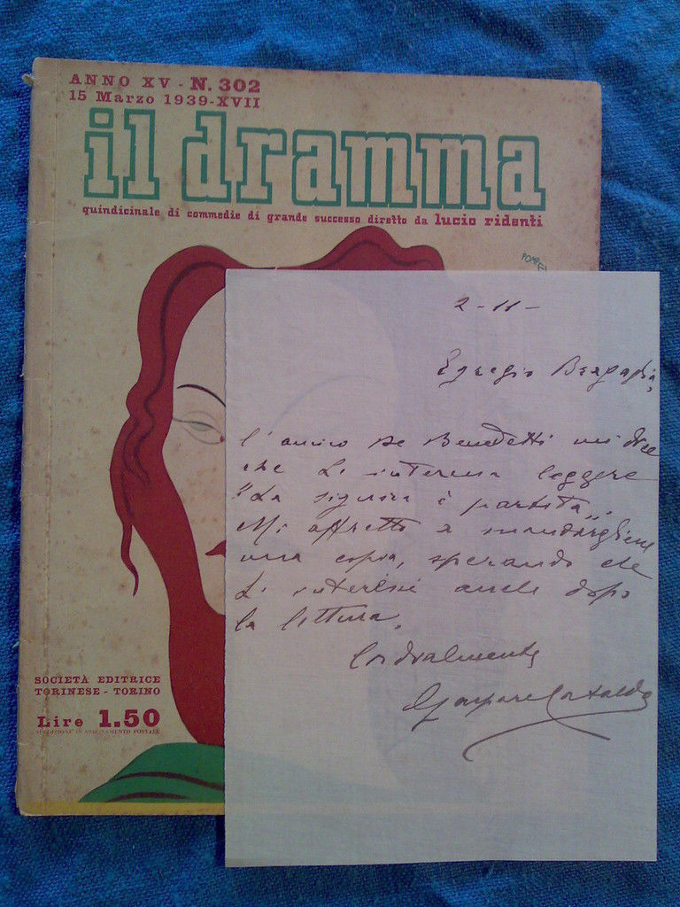 GASPARE CATALDO a A.G. BRAGAGLIA - biglietto autografo