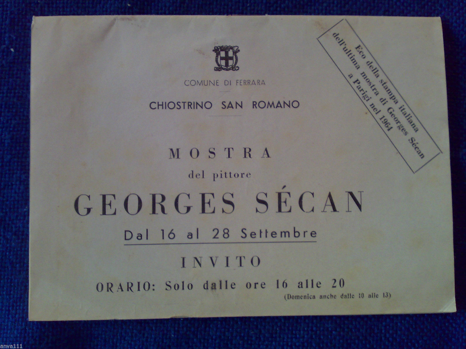 Mostra del pittore Georges Sécan - Invito con firma autografa …