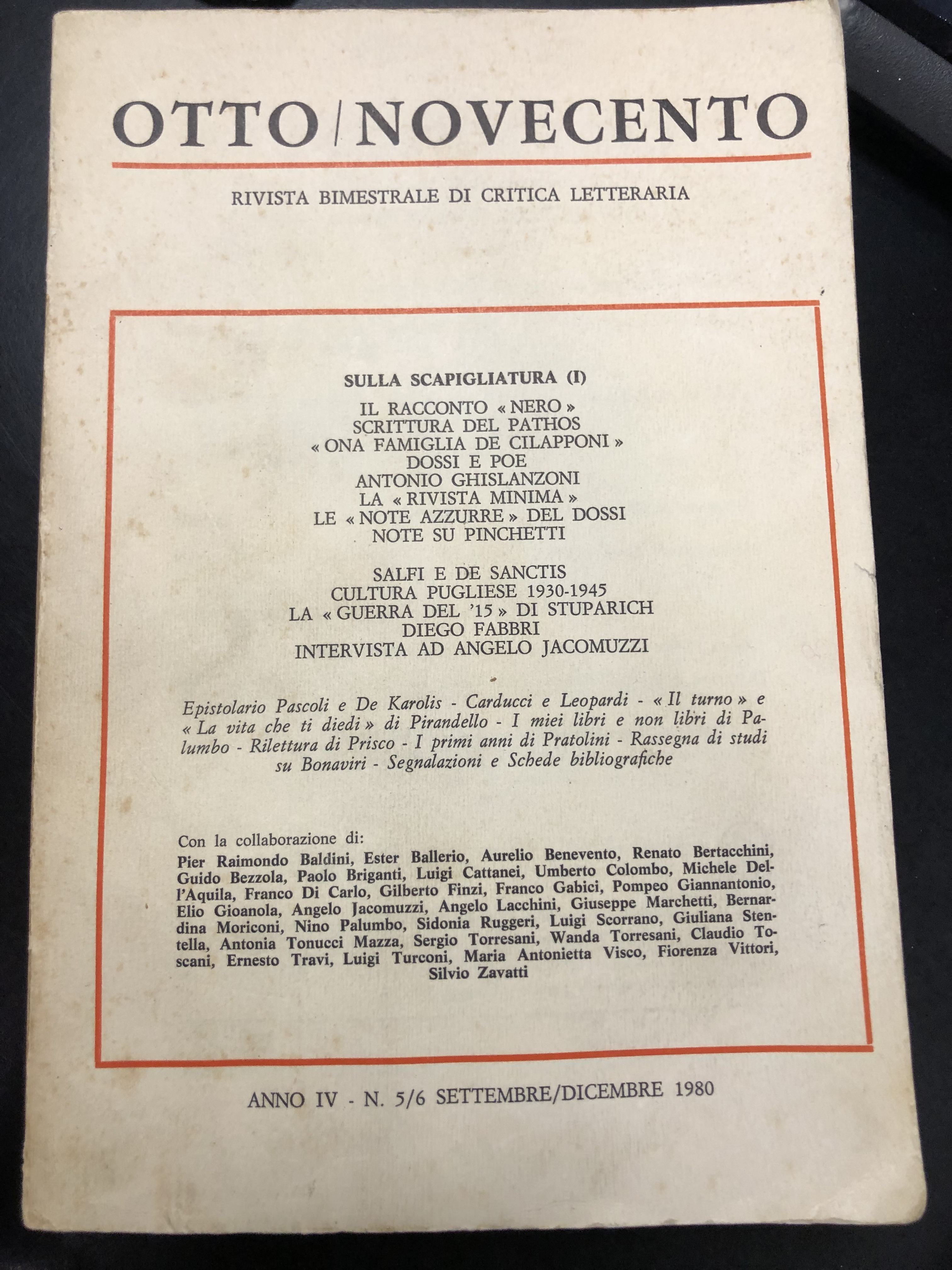 Otto/Novecento. Rivista bimestrale di critica letteraria. Anno IV-. N. 5/6. …