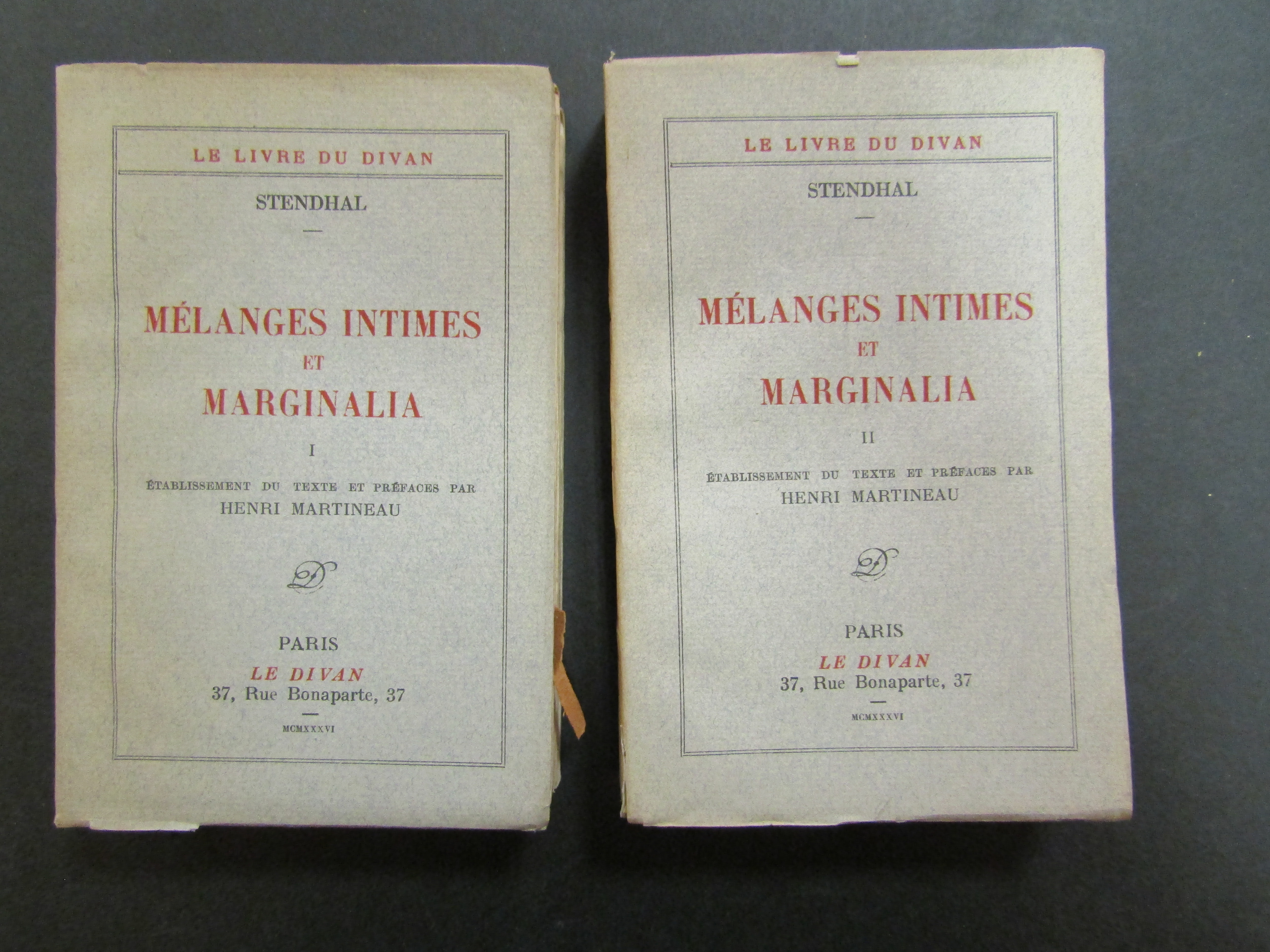 Stendhal. Melanges intimes et marginalia. 2 voll. Le Divan. 1936