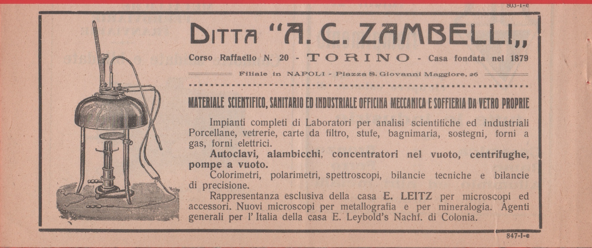 A.C. Zambelli. Materiale scientifico. Torino. Advertising 1926