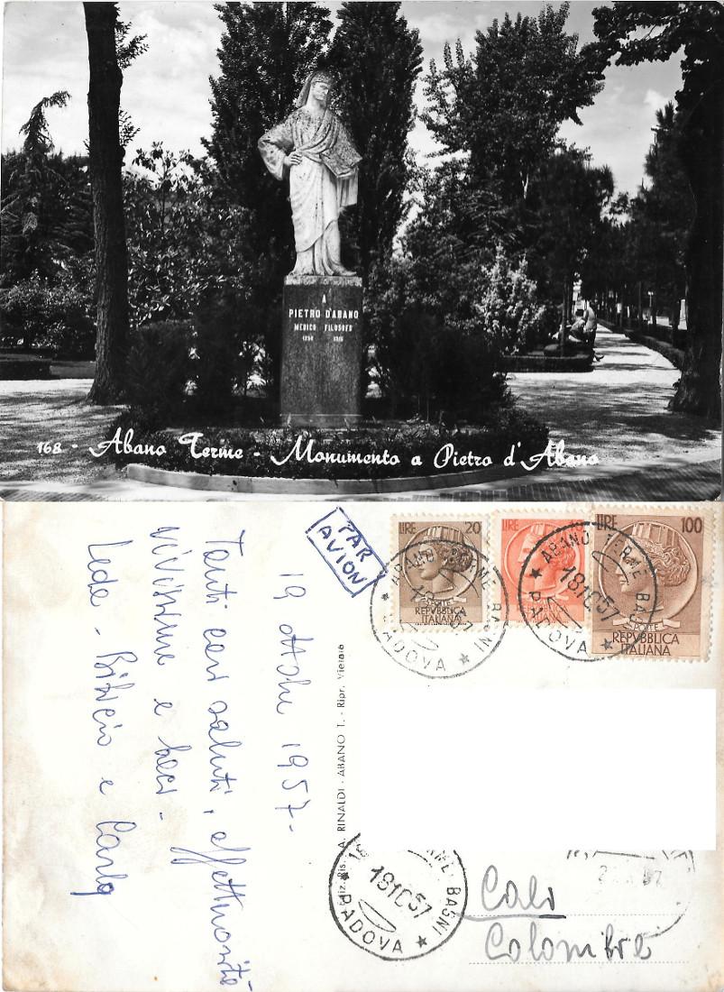Abano Terme (PD). Monumento a Pietro d'Abano. Viaggiata 1957