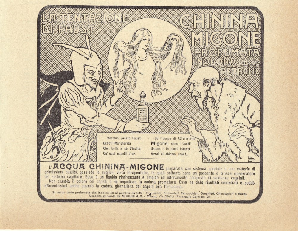 Acqua Chinina Migone, profumata, inodora od al petrolio. Advertising 1913