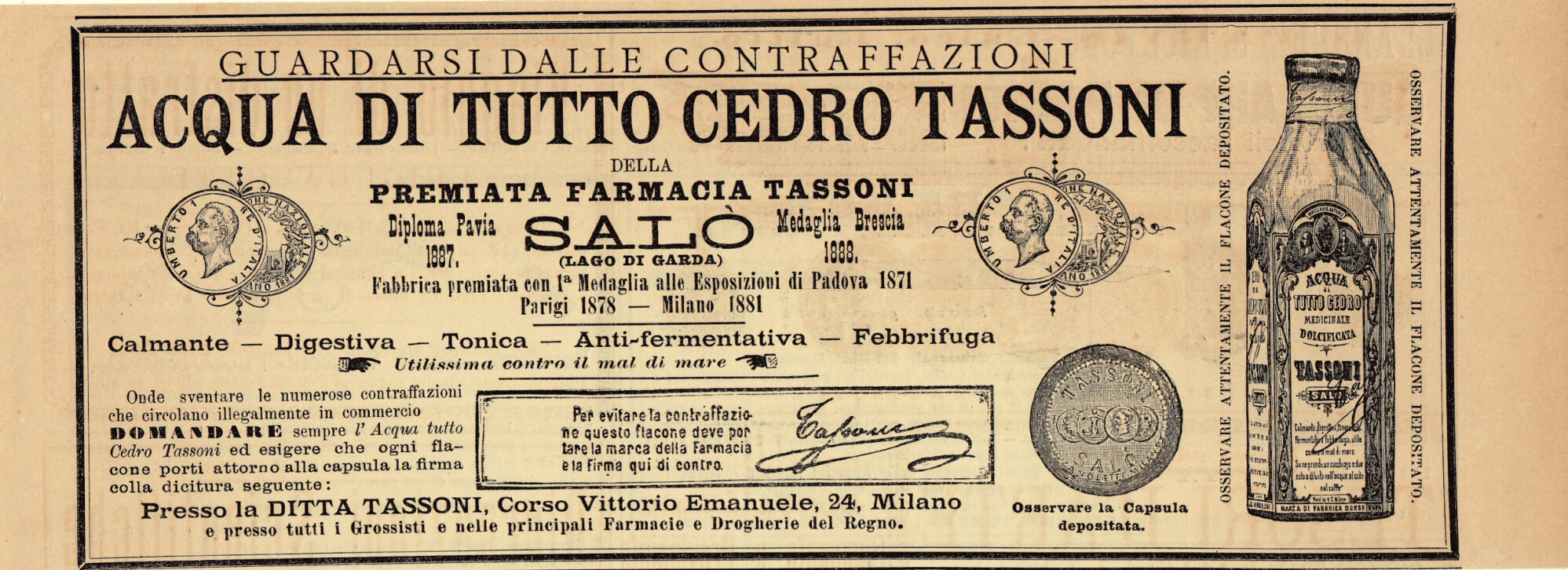Acqua di tutto cedro Tassoni. Advertising 1889