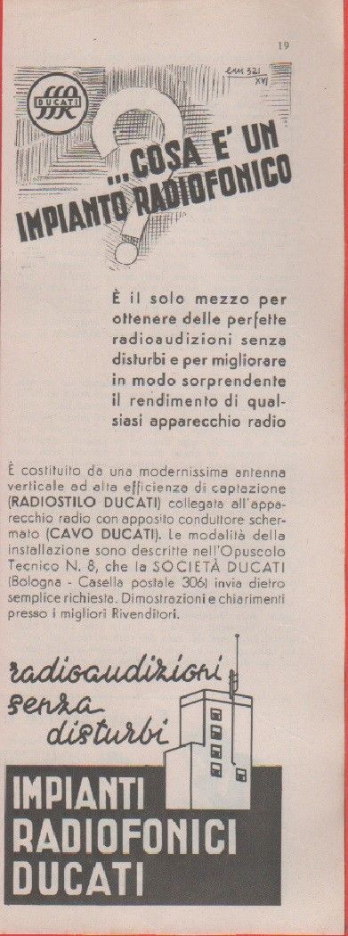 Advertising - Impianti Radiofonici Ducati - Pubblicità 1938