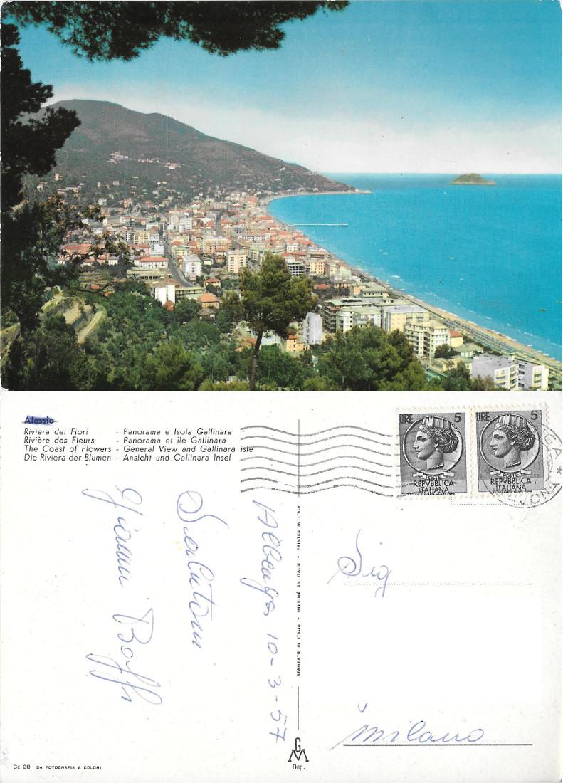 Alassio. Panorama e Isola Gallinara. Viaggiata 1957