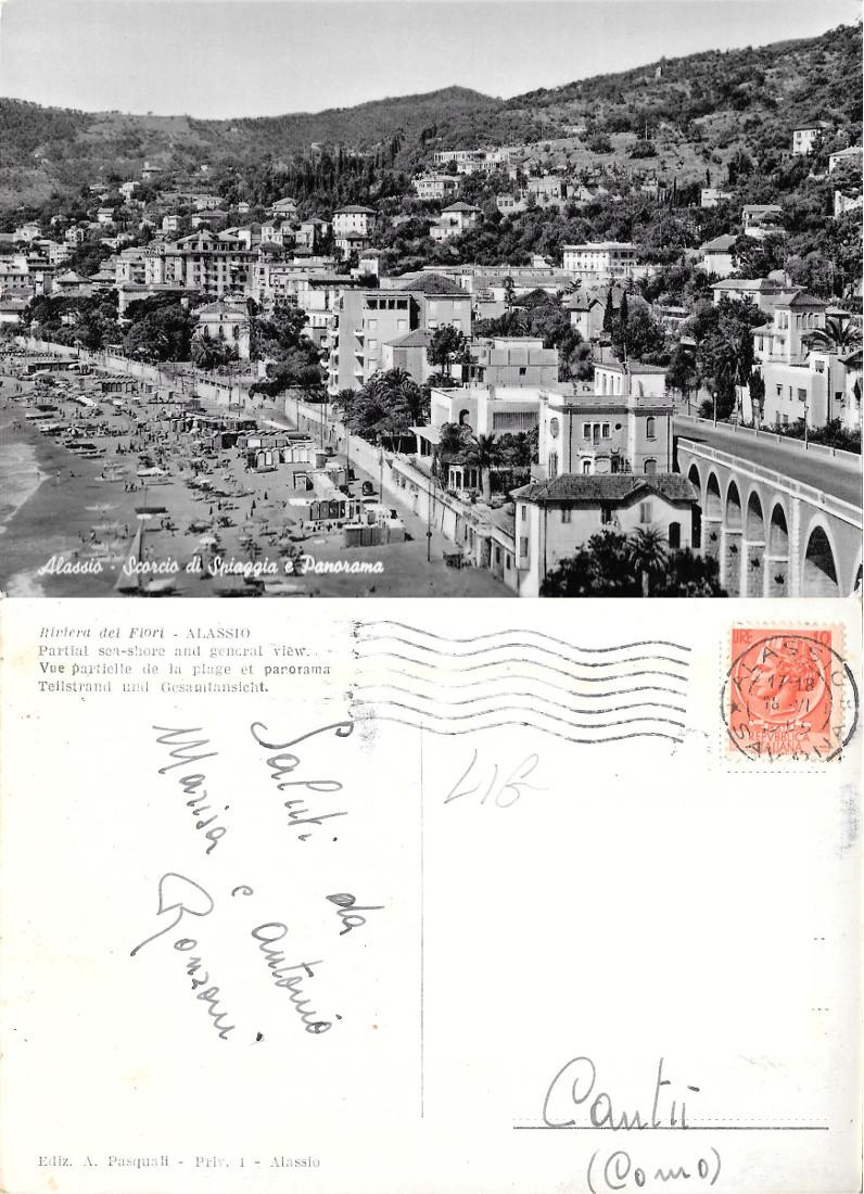 Alassio. Scorcio di spiaggia e panorama. Viaggiata 1955