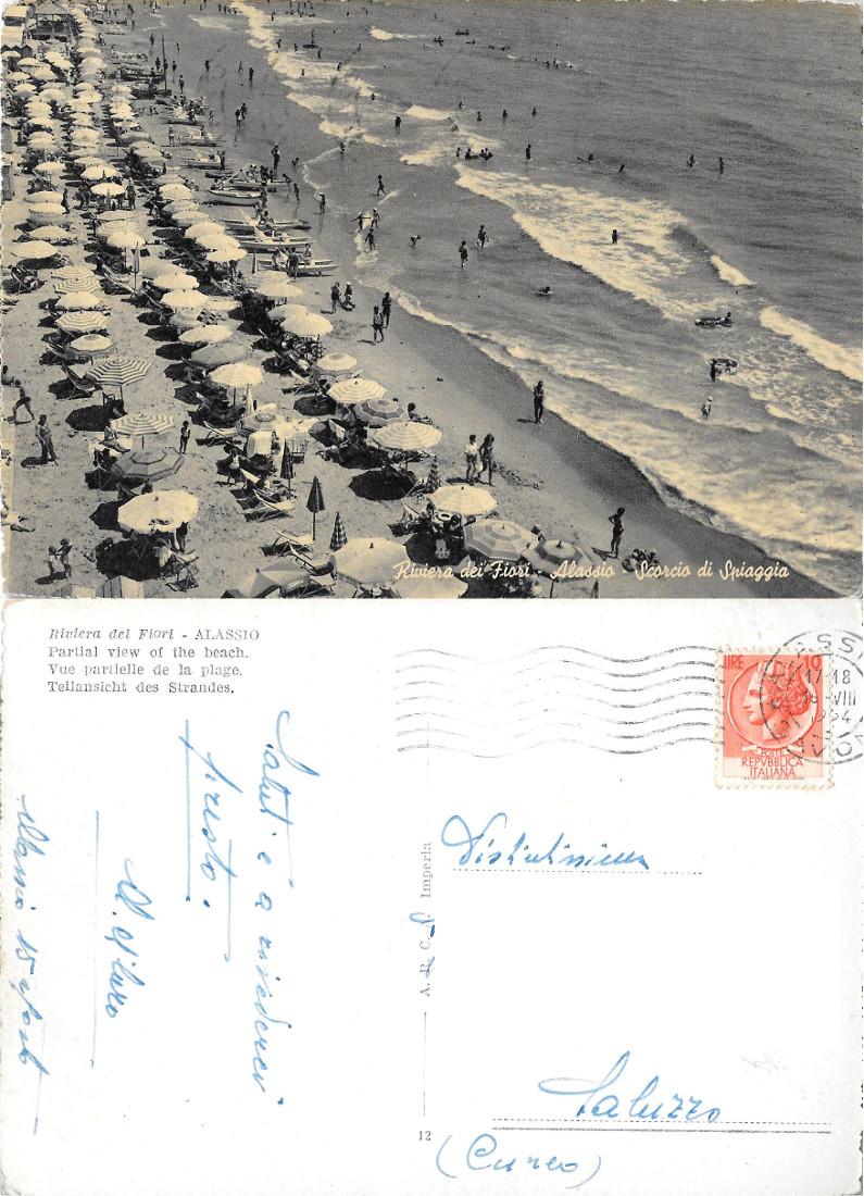 Alassio. Scorcio di spiaggia. Viaggiata 1954