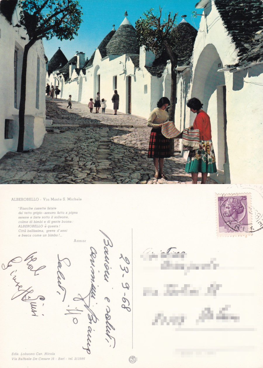 Alberobello (BA).Via Monte S. Michele Viaggiata 1968