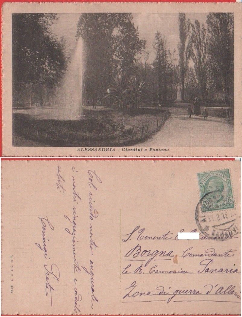 Alessandria. Giardini e Fontana. Viaggiata 1918