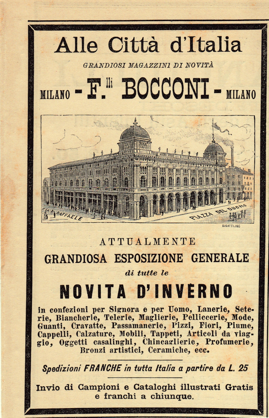 Alle città d'Italia, grandi magazzini di novità. F.lli Bocconi, Milano. …