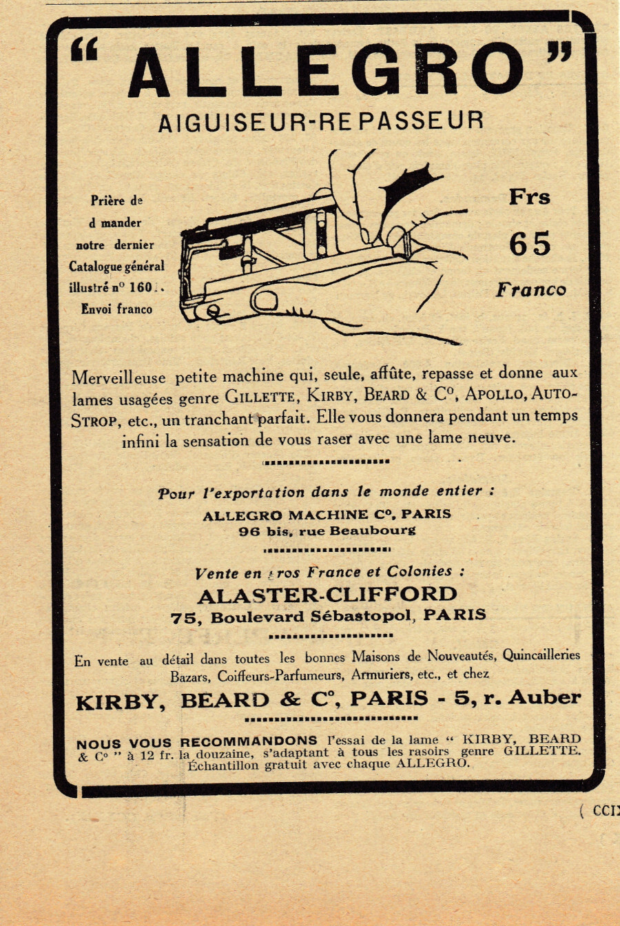 Allegro. Aiguiseur-Repasseur. pour lames genre, Gilette, Kirby.... Advertising 1926