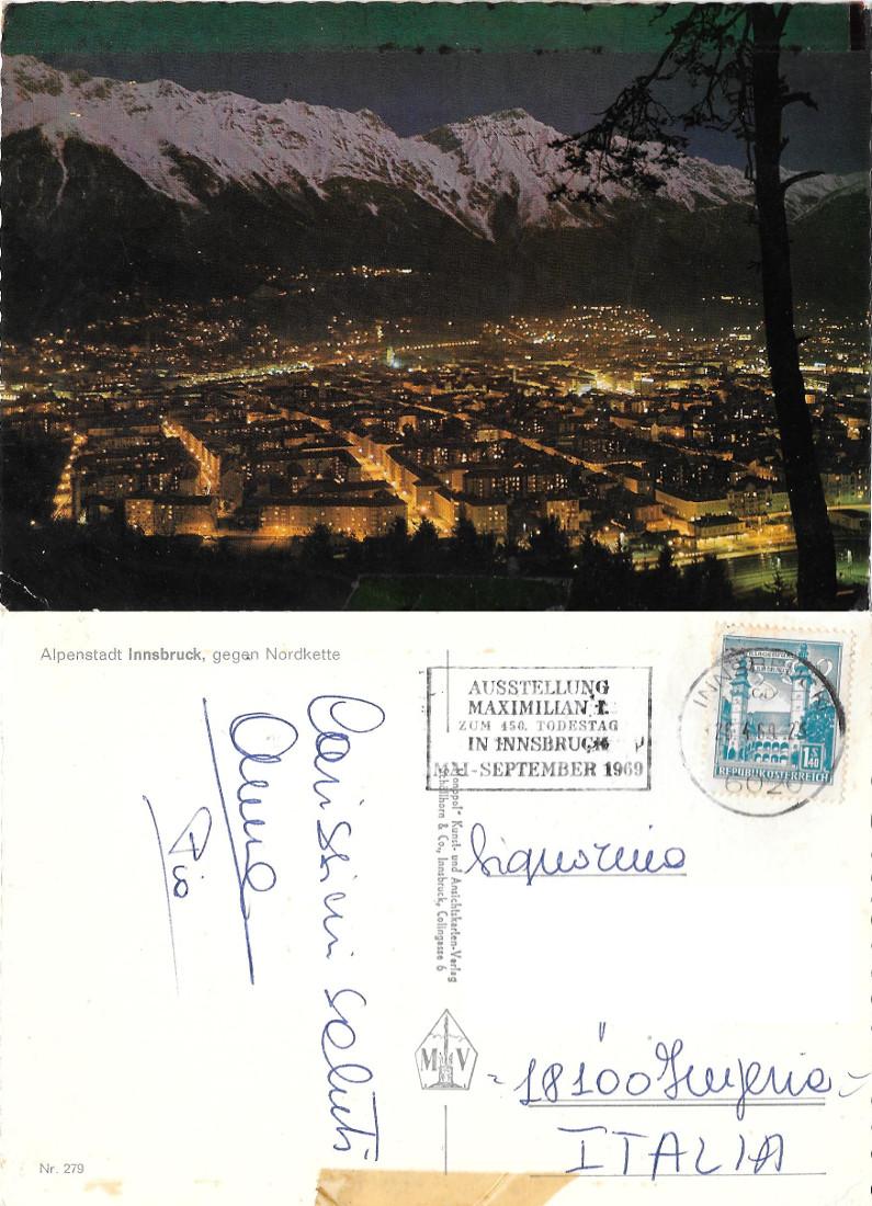 Alpenstadt Innsbruck gegen Nordkette. Viaggiata 1969