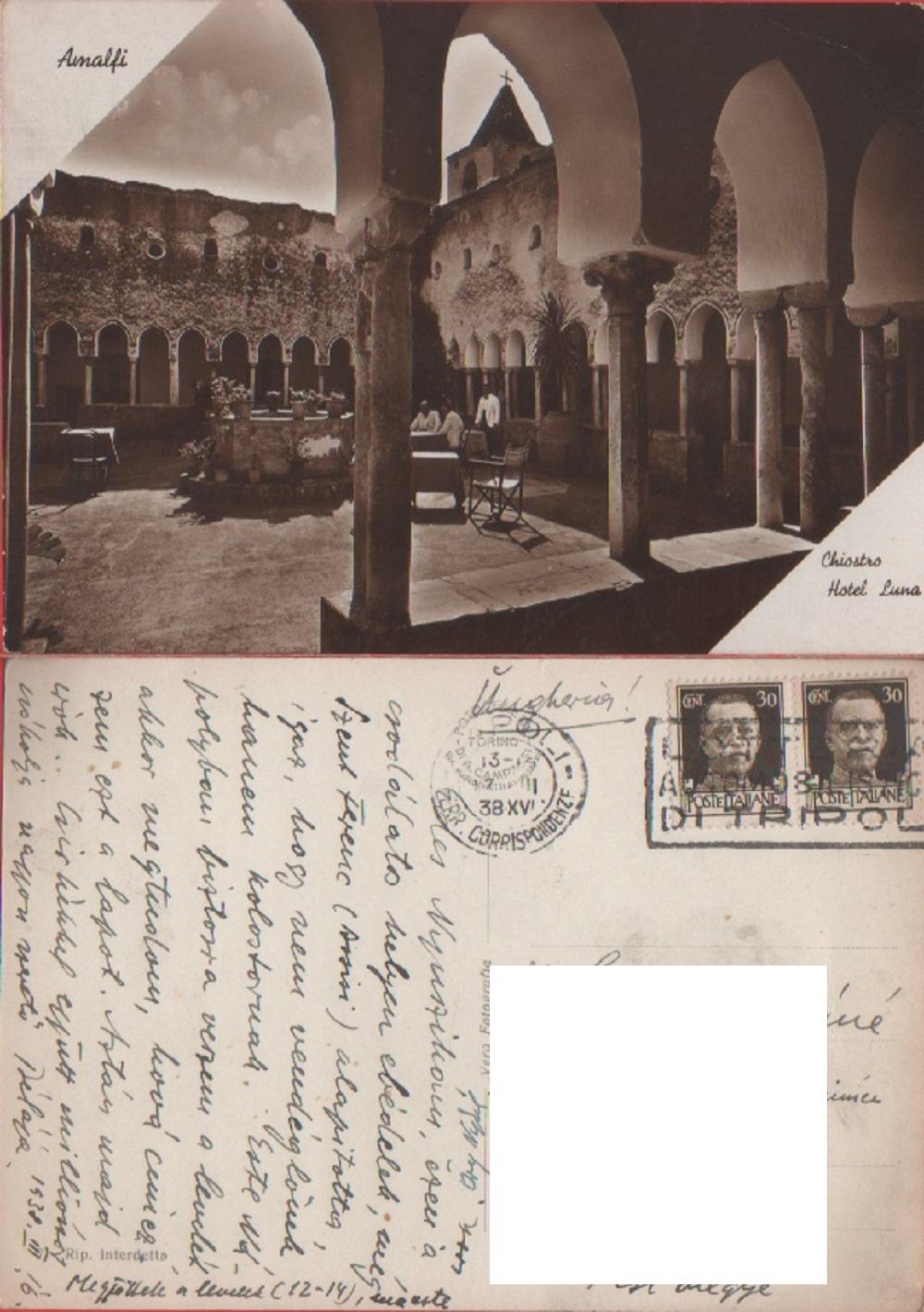 Amalfi. Chiostro. Hotel Luna. Viaggiata. 1938