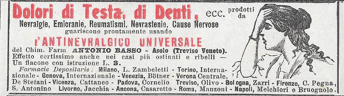 Antinevralgico Universale del dott. Antonio Basso. Advertising 1912