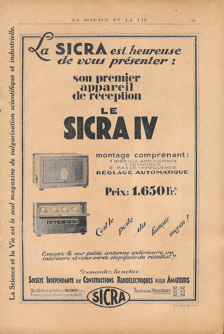 Appareil de reception Sicra IV - Advertising 1928