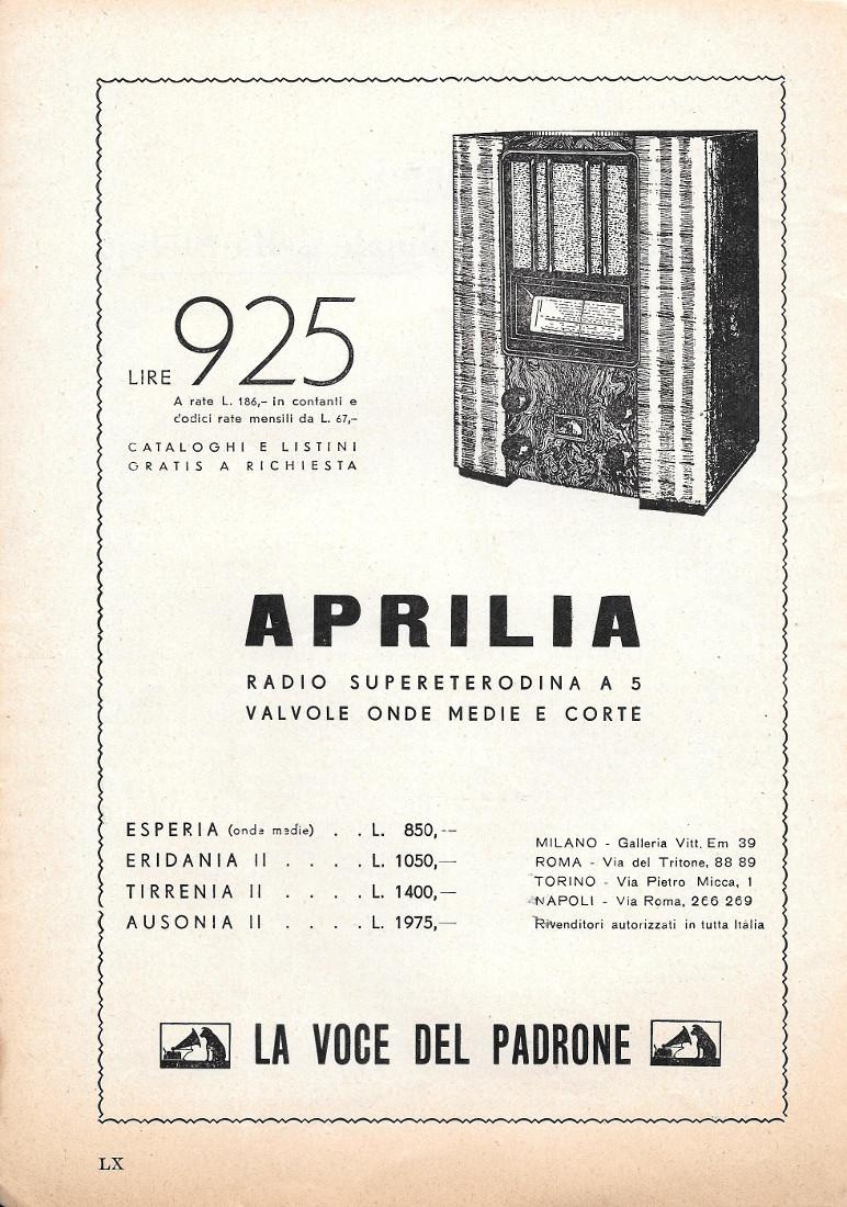 Aprilia la radio Supereterodina a 5 valvole. Advertising 1935
