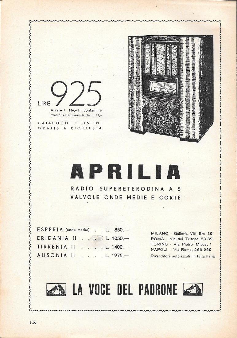 Aprilia. Radio supereterodina a 5 valvole. La Voce del Padrone. …