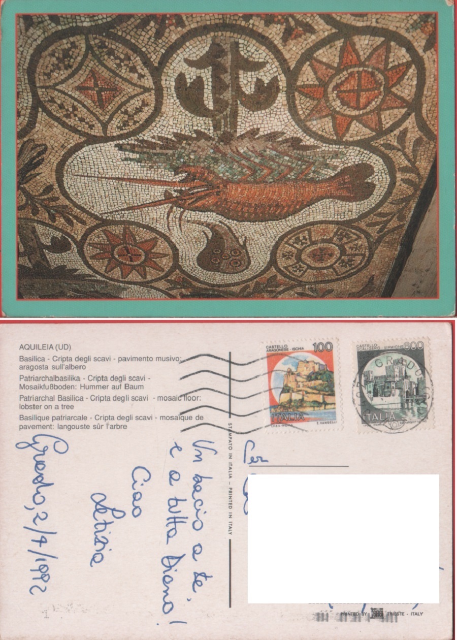 Aquileia (UD). Basilica. Pavimento musivo: aragosta sull'albero. Viaggiata 1992