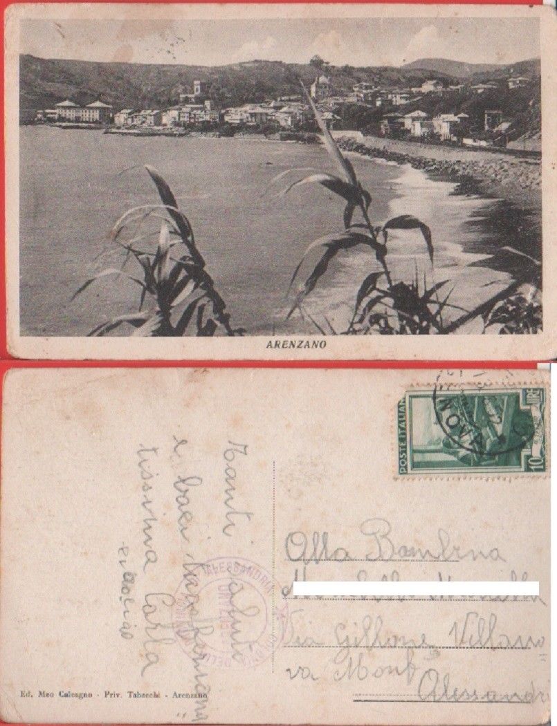 Arenzano. Timbro Colonia della Provincia di Alessandria. Viaggiata 1952