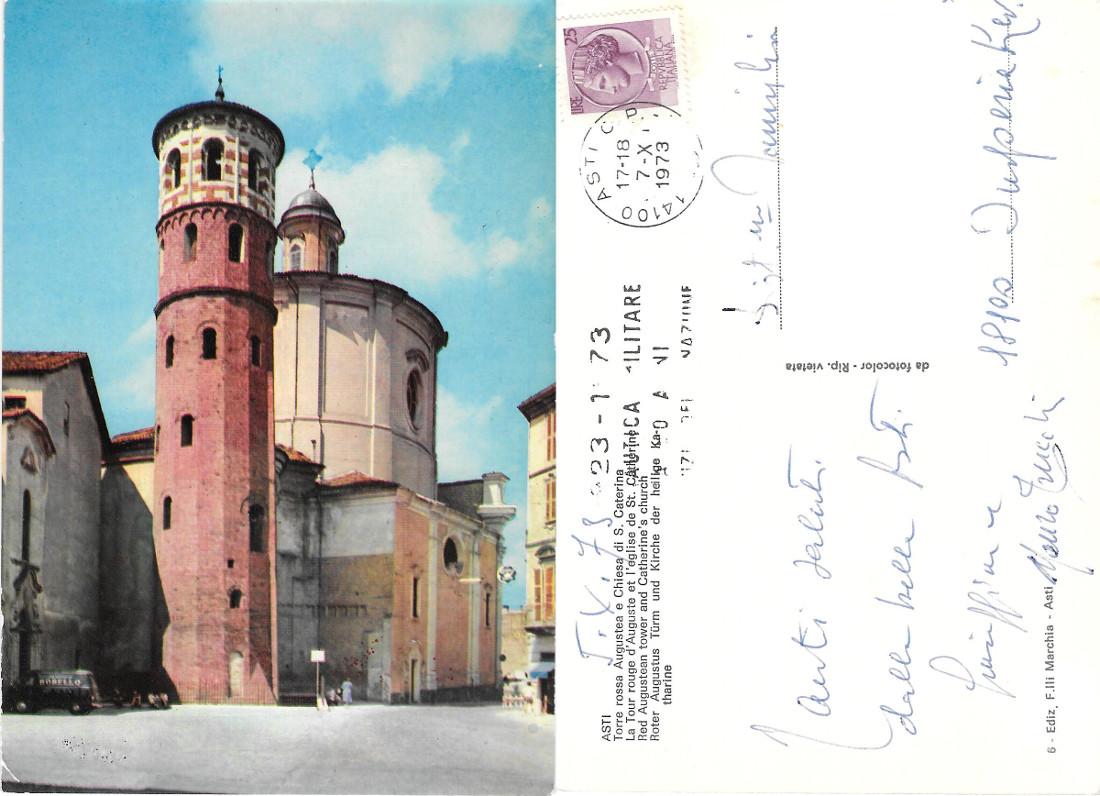 Asti. Torre rossa Augustea e chiesa di S. Caterina. Viaggiata …