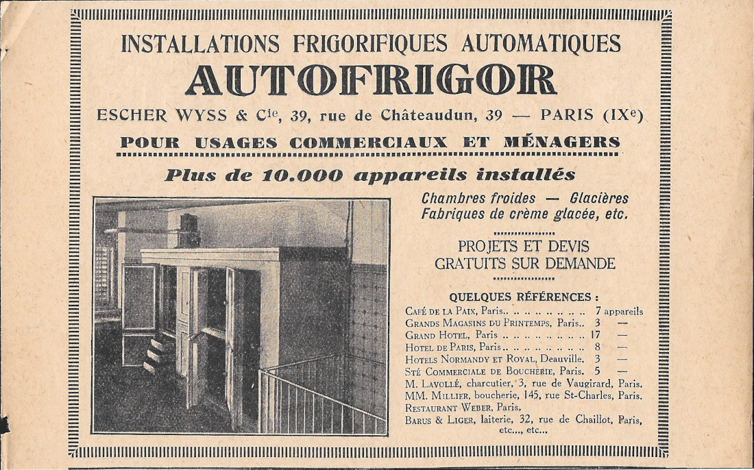 Autofrigor, installation frigorifiques automatiques - Advertising 1928