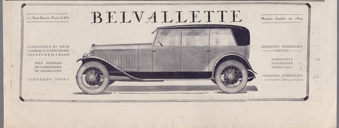 Automobiles Belvalette Paris. Advertising 1925