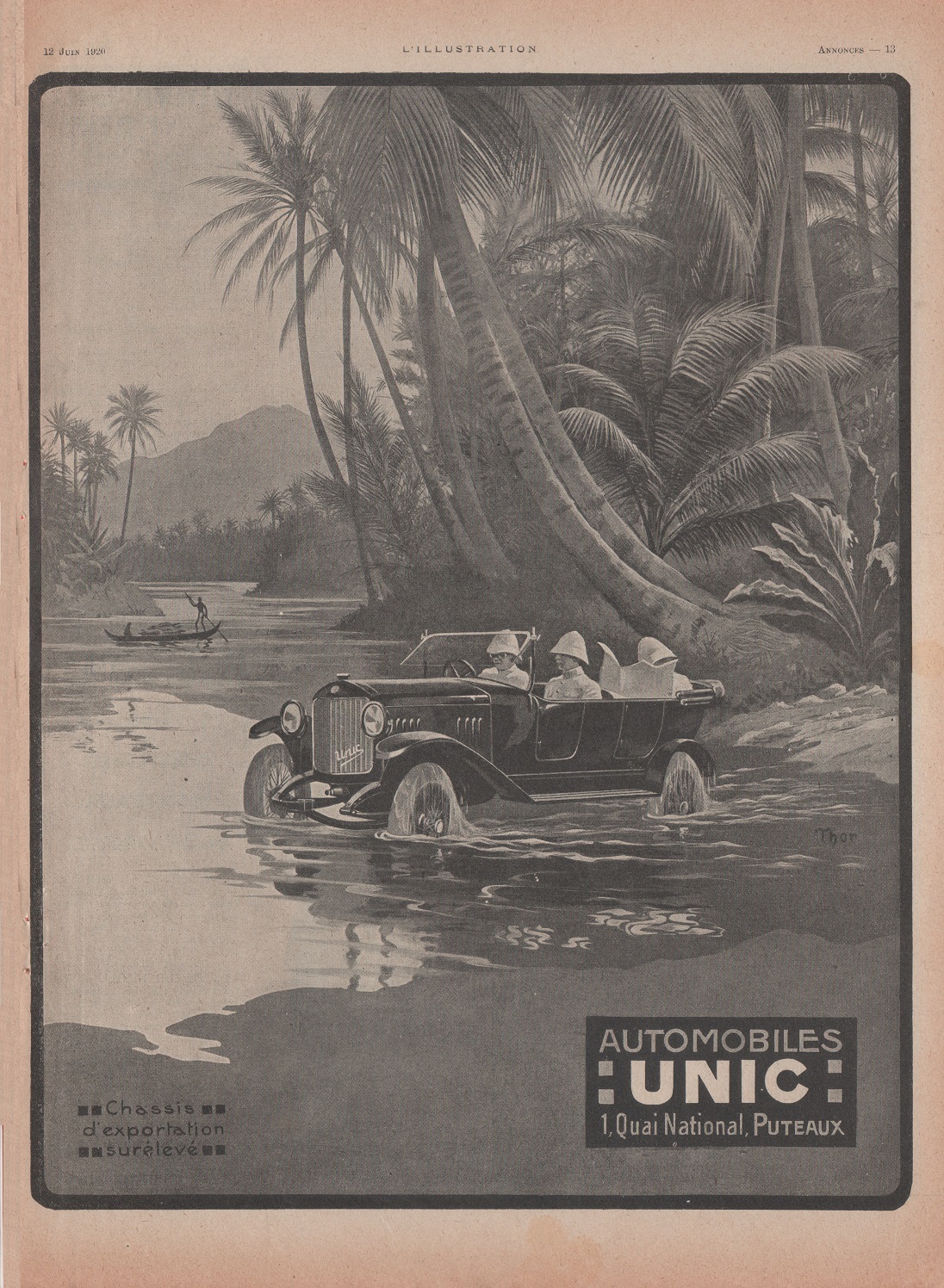 Automobiles Unic, chassis d'exportation surleve. Advertising 1920