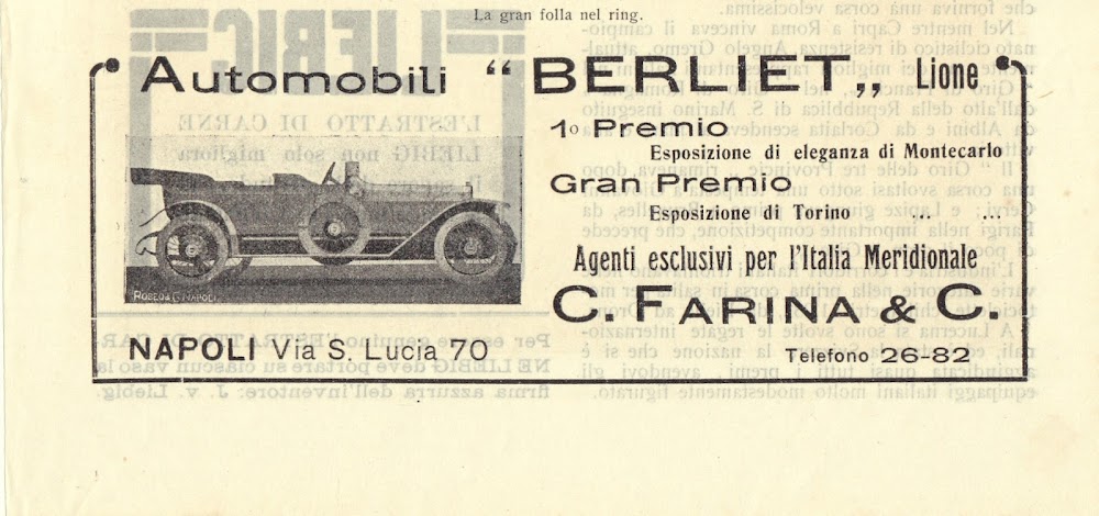 Automobili Berliet Lione. Ag. esclusivo C. Farina, Napoli. Advertising 1913