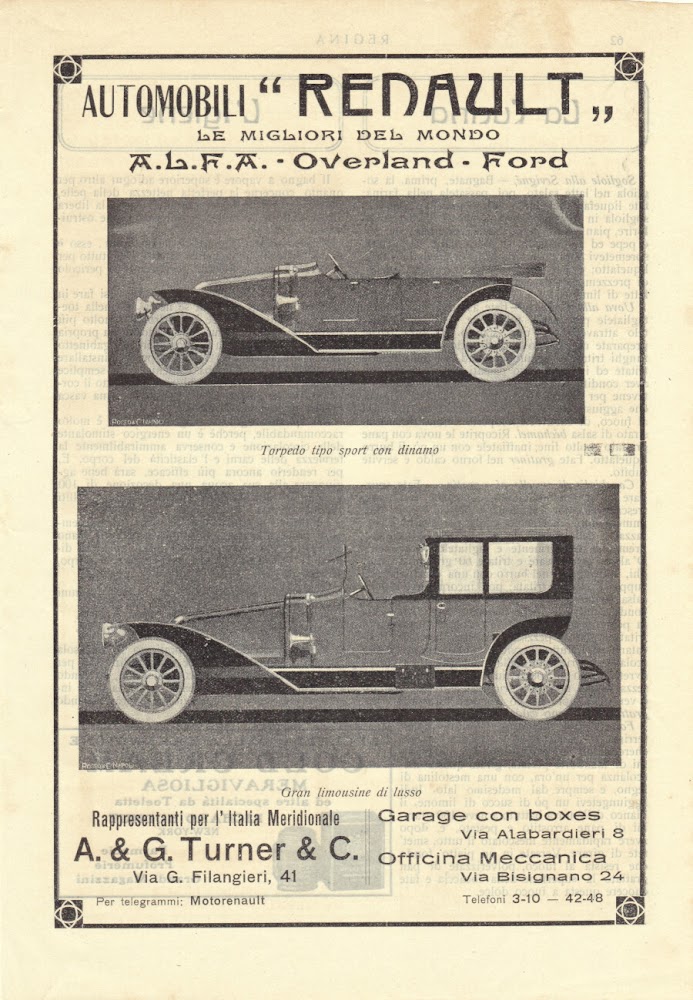 Automobili Renault. A&amp;G Turner &amp; C. Napoli. Advertising 1913
