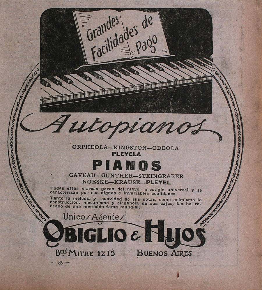 Autopianos. Obiglio &amp; Hijos, Buenos Ayres - Advertising 1922