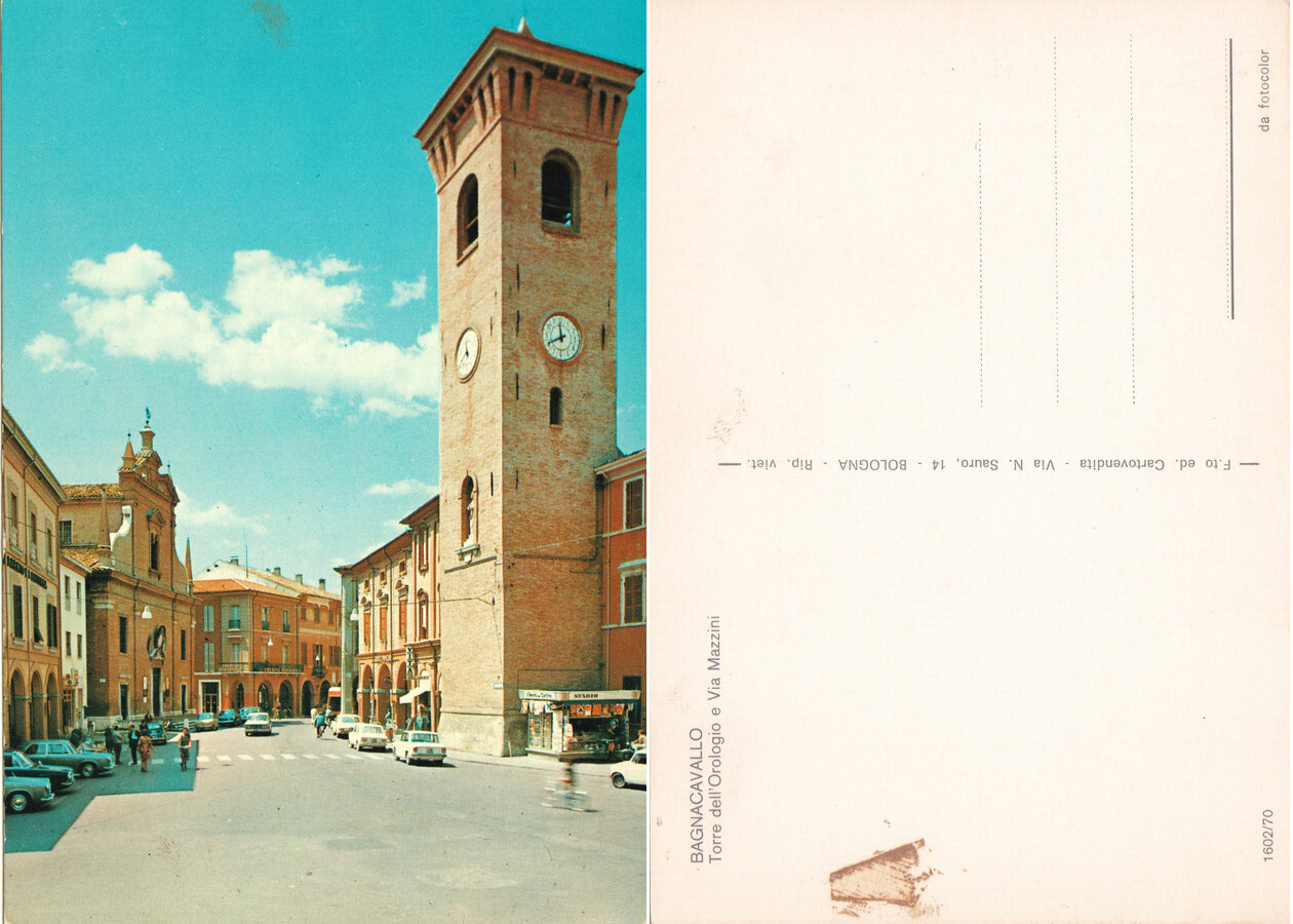 Bagnocavallo. Torre dell'Orologio e Via Mazzini. Non viaggiata