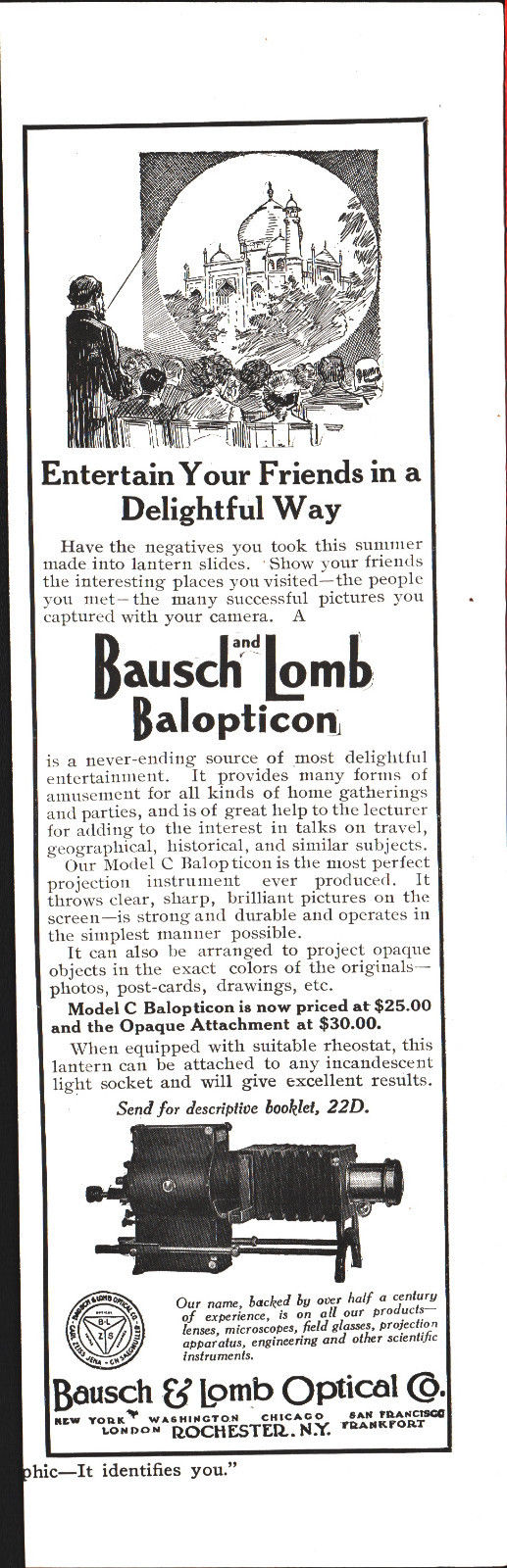 Balopticon. Bausch &amp; Lomb Optical Co. - Pubblicità 1912