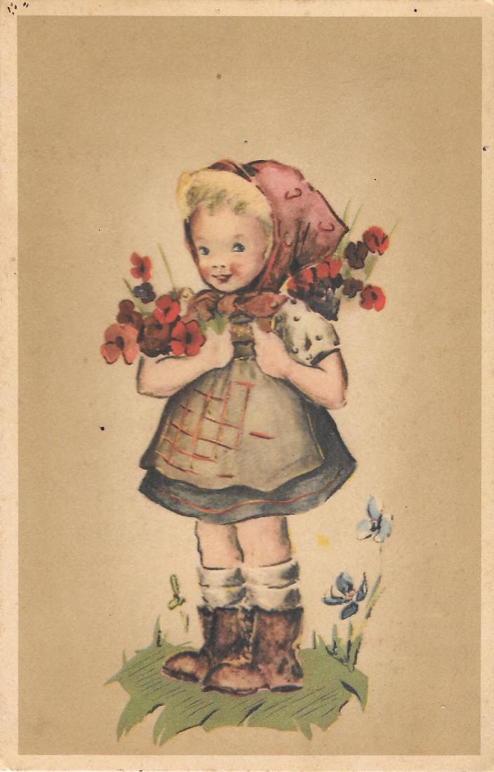 Bambina con mazzo di fiori. Non viaggiata