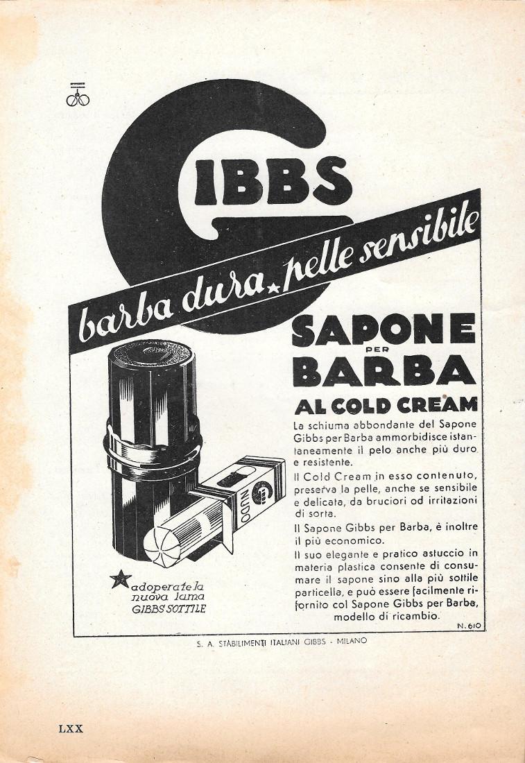 Barba dura, pelle sensibile.. Sapone da barba Gibbs. Advertising 1935