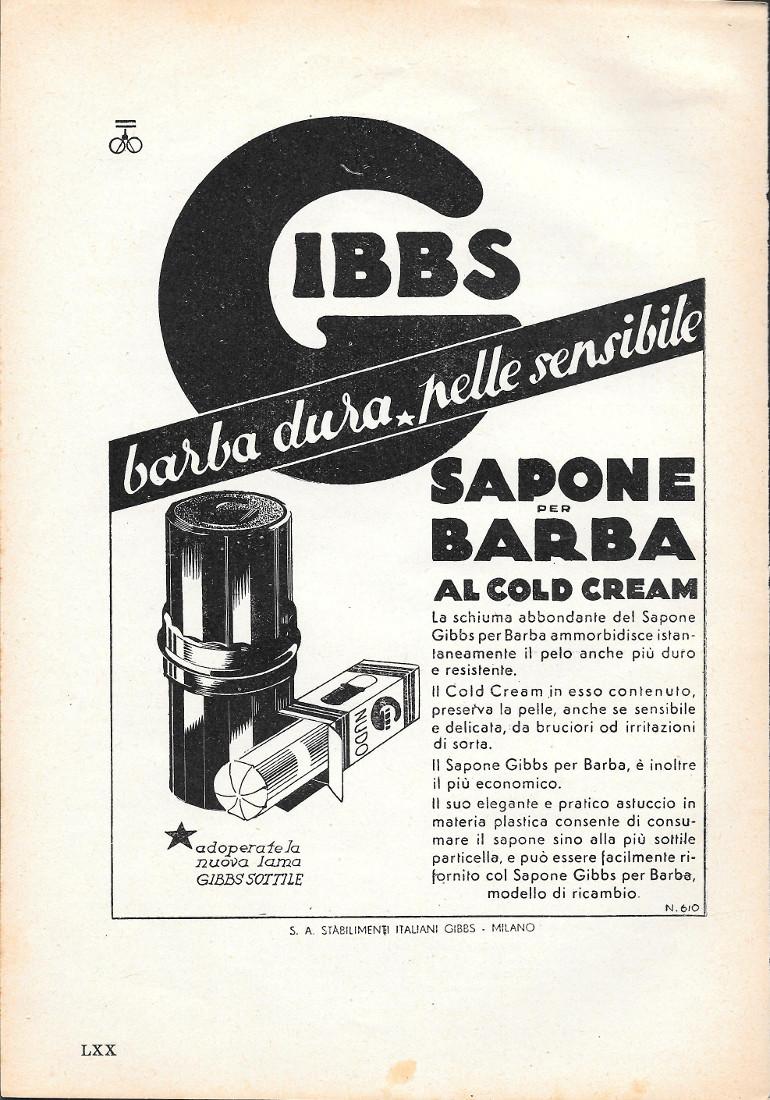 Barba dura, pelle sensibile. Sapone per barba Gibbs. Advertising 1935