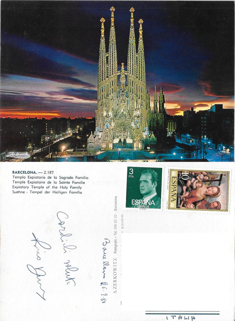 Barcellona. Vista notturna della Sagrada Familia. Viaggiata 1980