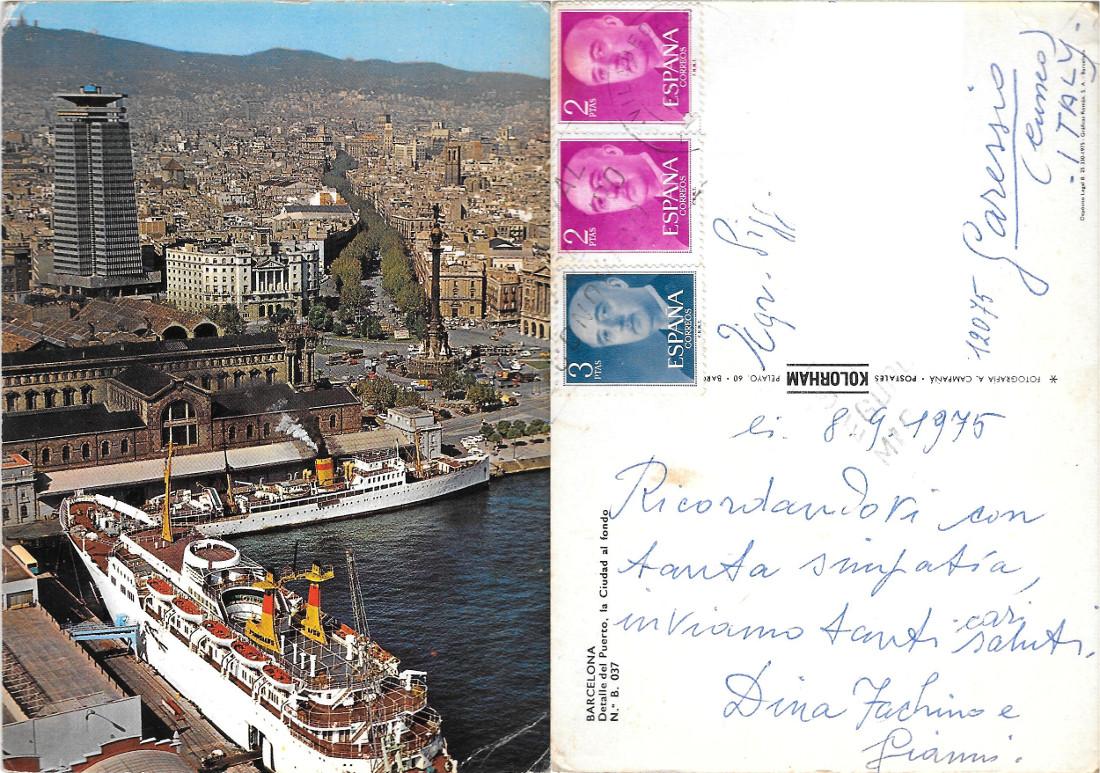 Barcelona. Detalle del Puerto, la CIutad in fondo. Viaggiata 1976