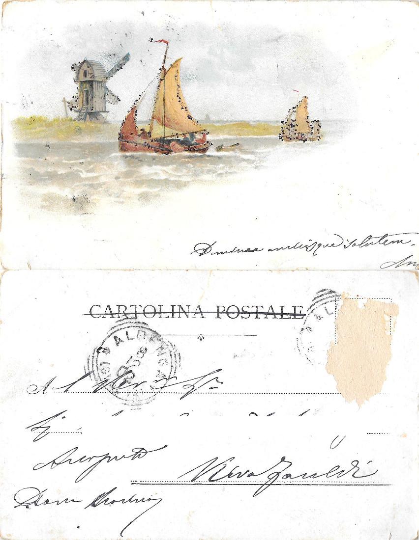 Barche con mulino a vento. Brillantini. Viaggiata 1902