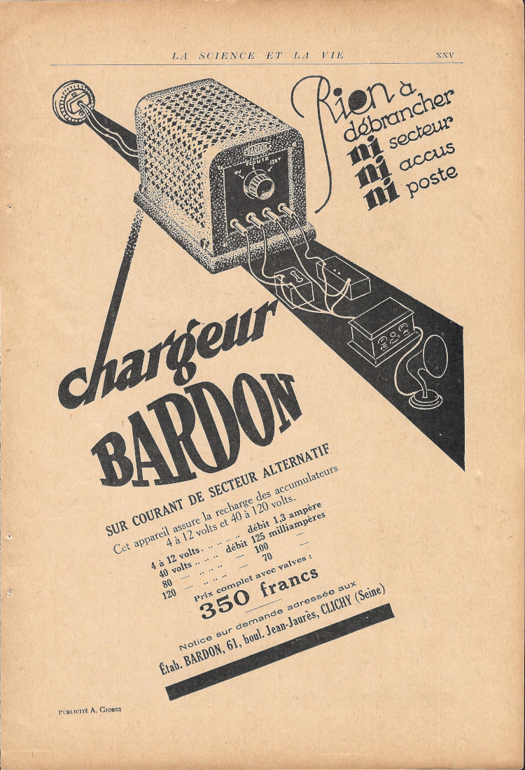 Bardon chargeur sur courant se secteur alternatif - Advertising 1929