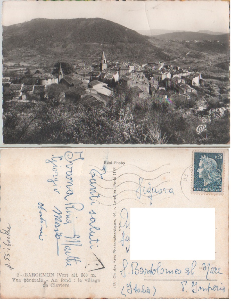 Bargemon (Var). Vue general. Aufond: le village de Claviers. Viaggiata