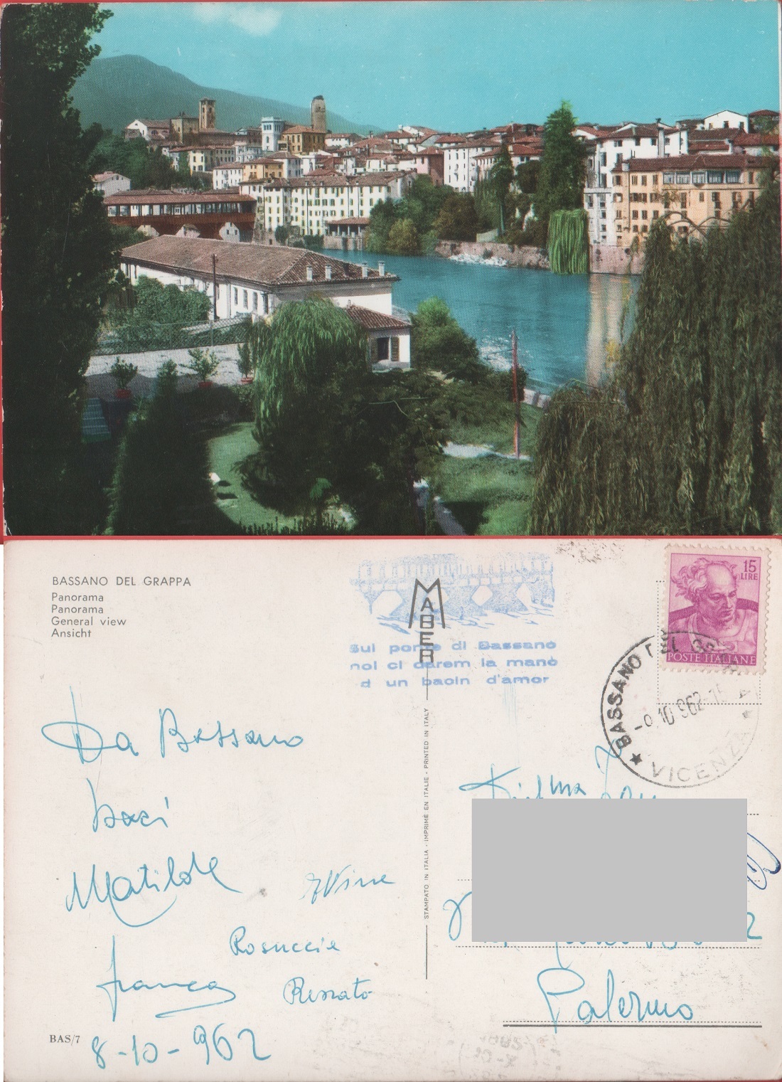 Bassano del Grappa (VI). Panorama. Viaggiata 1962