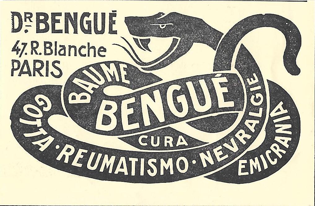 Baume Bengué cura gotta, reumatismo, nevralgie, emicrania. Advertising 1914