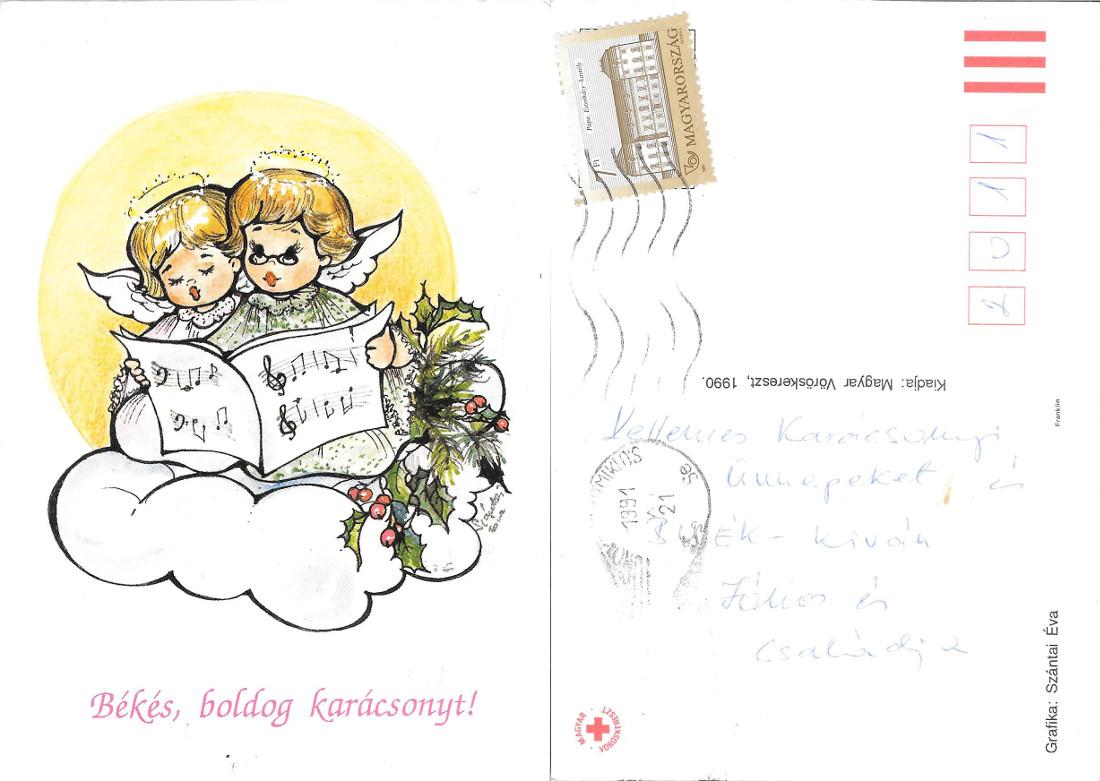 Békés, boldog karácsonyt. Angioletti con lo spartito. Viaggiata 1991