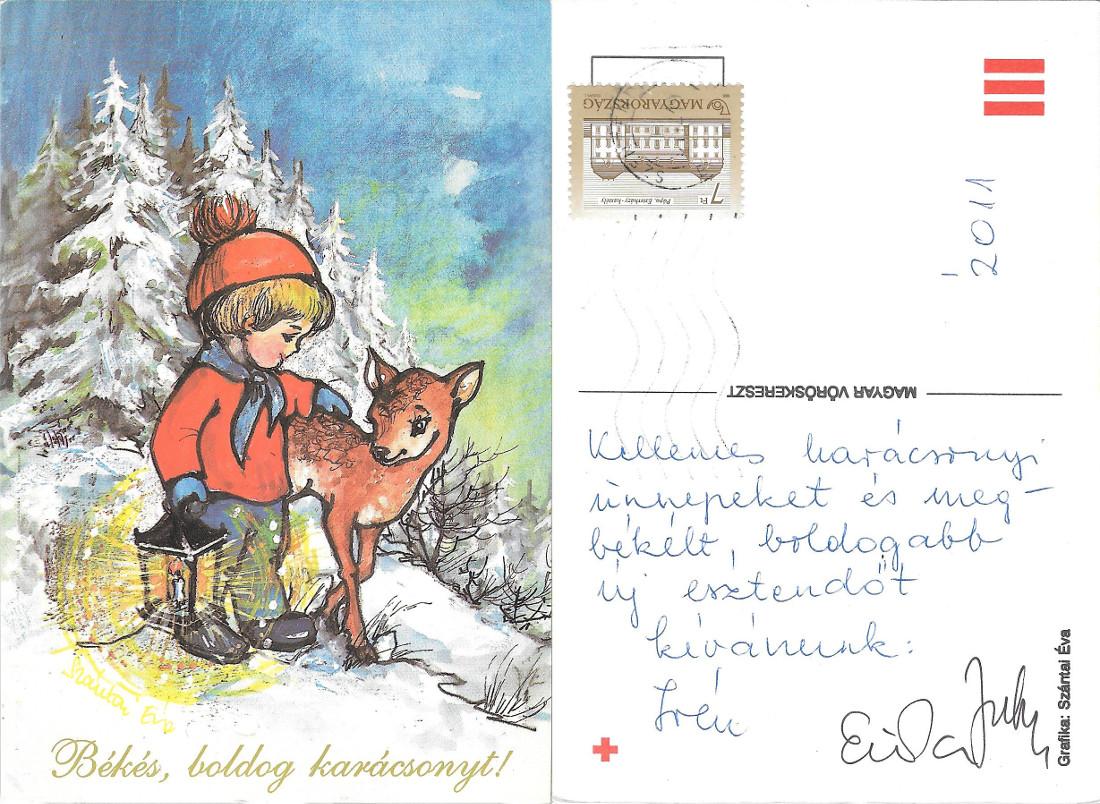 Békés, boldog karácsonyt. Bimbo con cerbiatto. Viaggiata