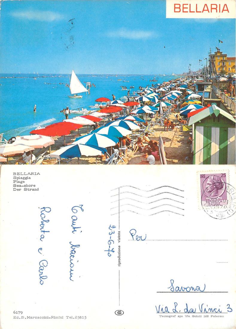Bellaria. Spiaggia. Viaggiata 1970
