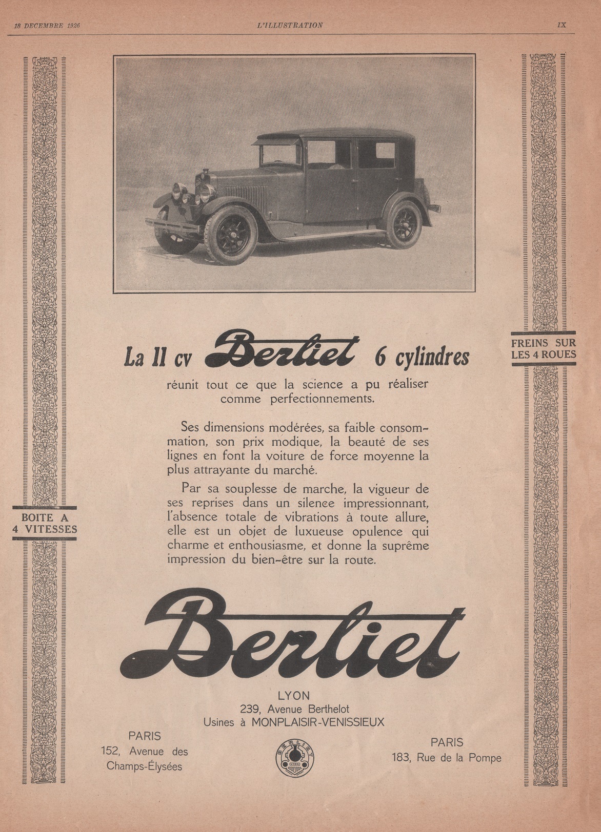Berliet. La 11 cv 6 cylindres. Advertising 1926