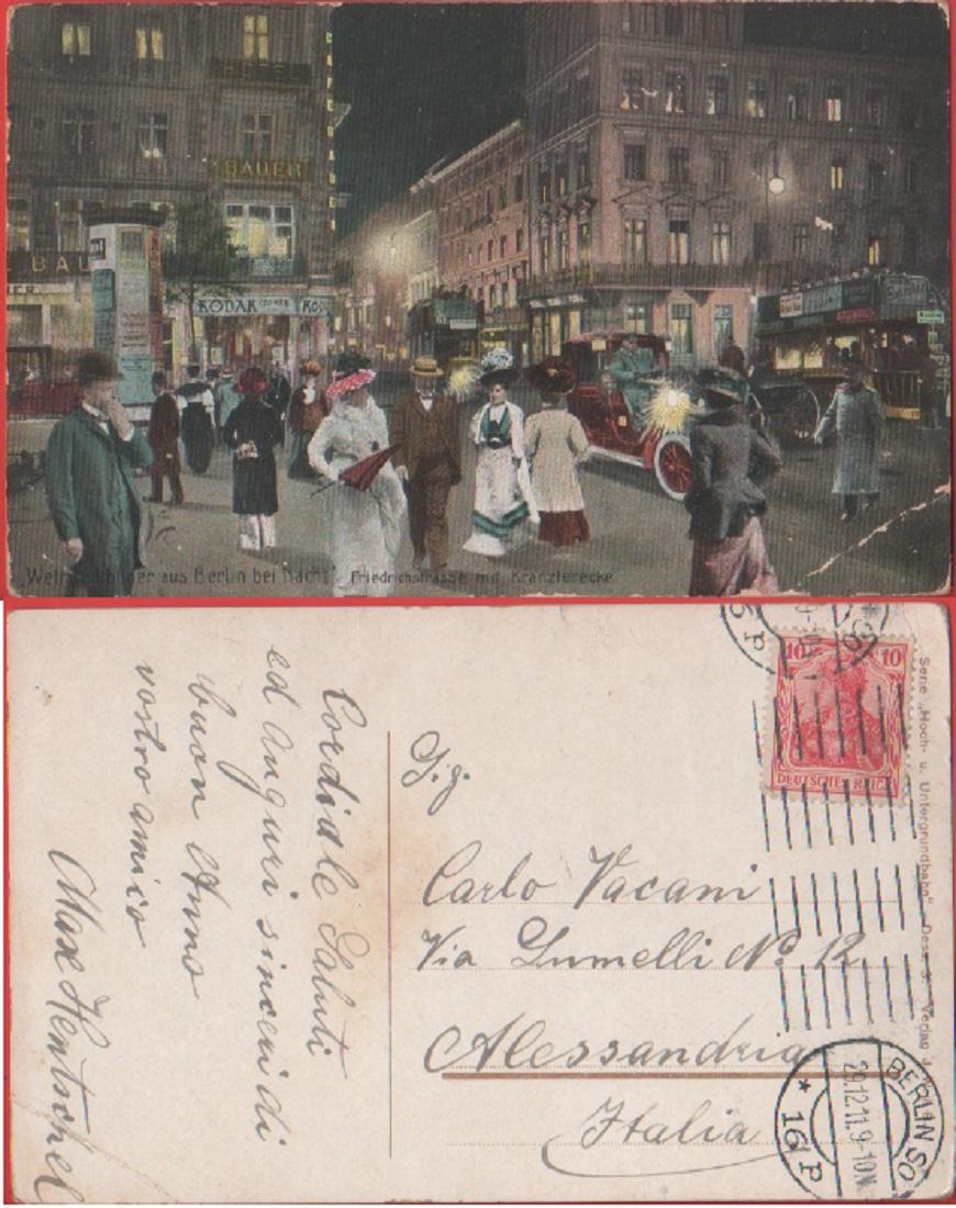 Berlin. Friedrichstrasse mit Kranzierecke. Viaggiata 1911, Costumi, insegne, auto