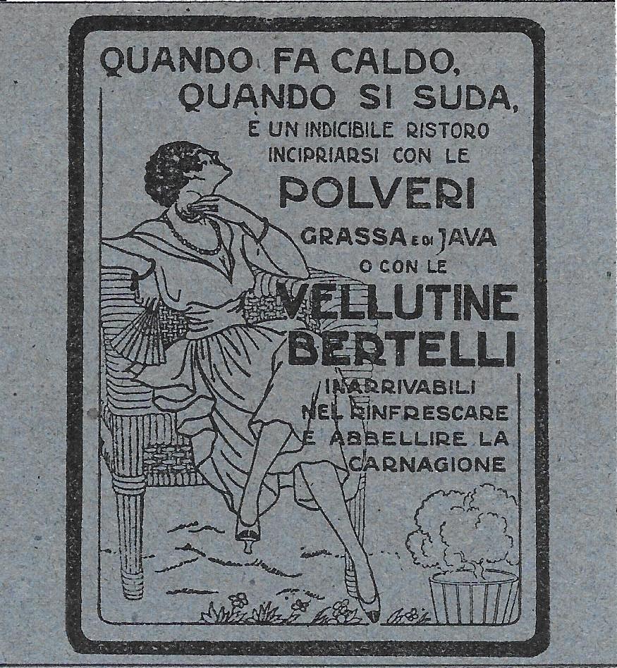 Bertelli. Polveri grassa e di Java; velluttine. Advertising 1920
