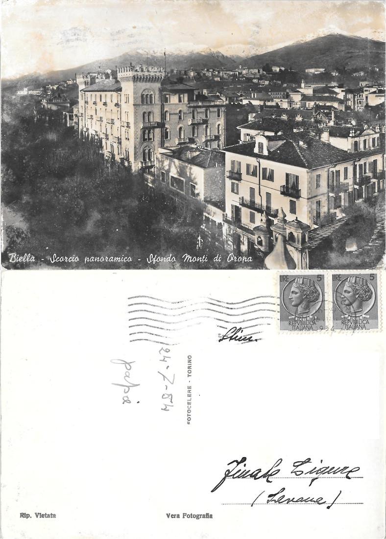 Biella, scorcio panoramico. Sfondo Monti Oropa. Viaggiata 1954